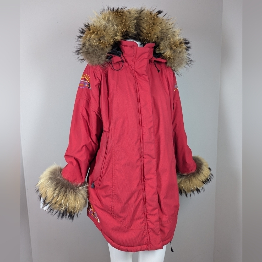 Quartz Nature Red Parka XS Real Fur Trim Embroidered Winter Jacket Lined